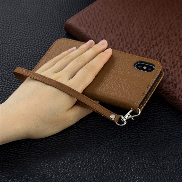 For iPhone X/XS 5.8 inch Litchi Texture Wallet Stand Leather Protective Phone Case with Strap - Brown-9