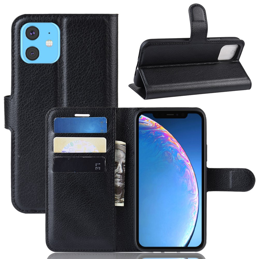 Carteira De Couro Lichia Pele Stand Case Para Iphone (2019) 6.1-inch - Preto-1