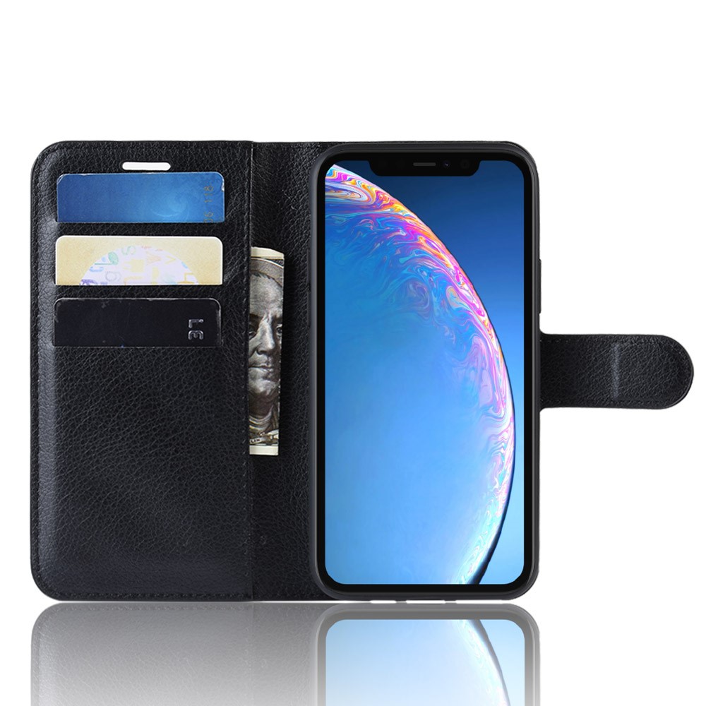 Carteira De Couro Lichia Pele Stand Case Para Iphone (2019) 6.1-inch - Preto-4