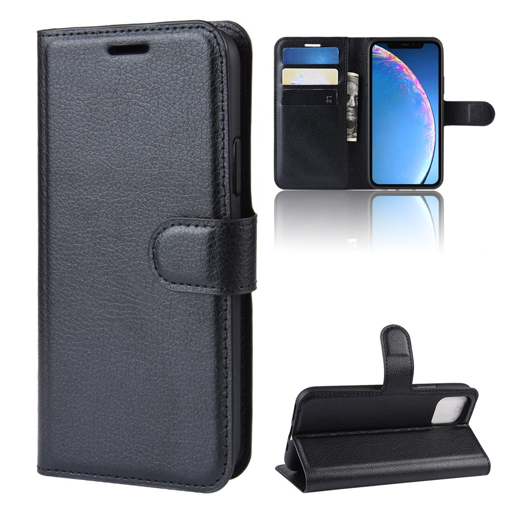 Carteira De Couro Lichia Pele Stand Case Para Iphone (2019) 6.1-inch - Preto-7