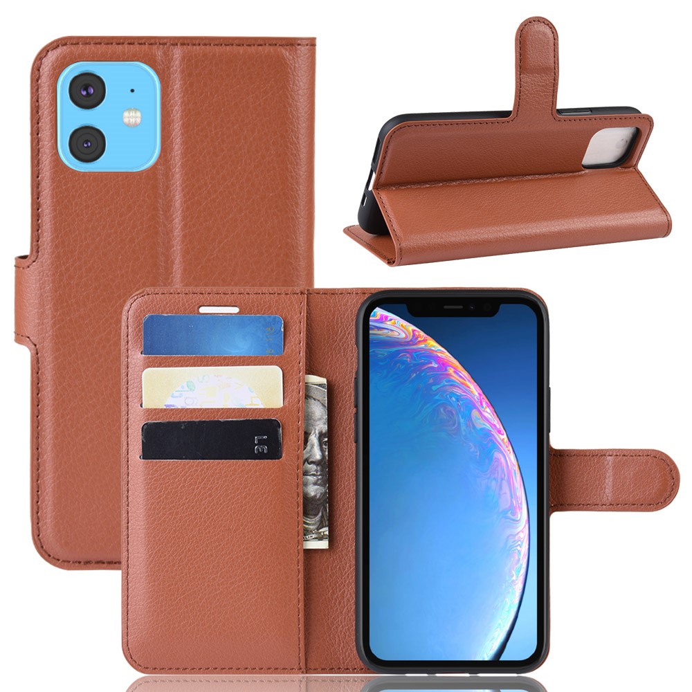 Litchi Skin Leather Wallet Stand Case for iPhone (2019) 6.1-inch - Brown-1