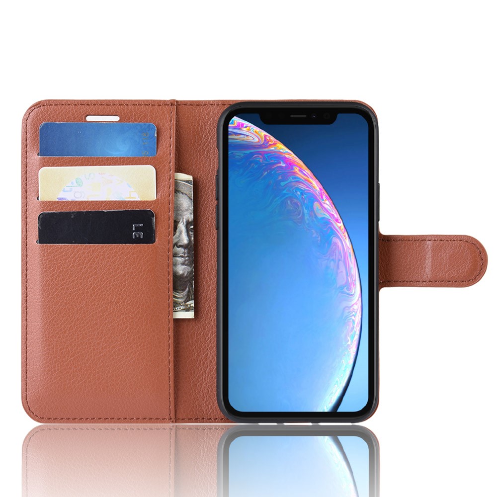 Litchi Skin Leather Wallet Stand Case for iPhone (2019) 6.1-inch - Brown-4