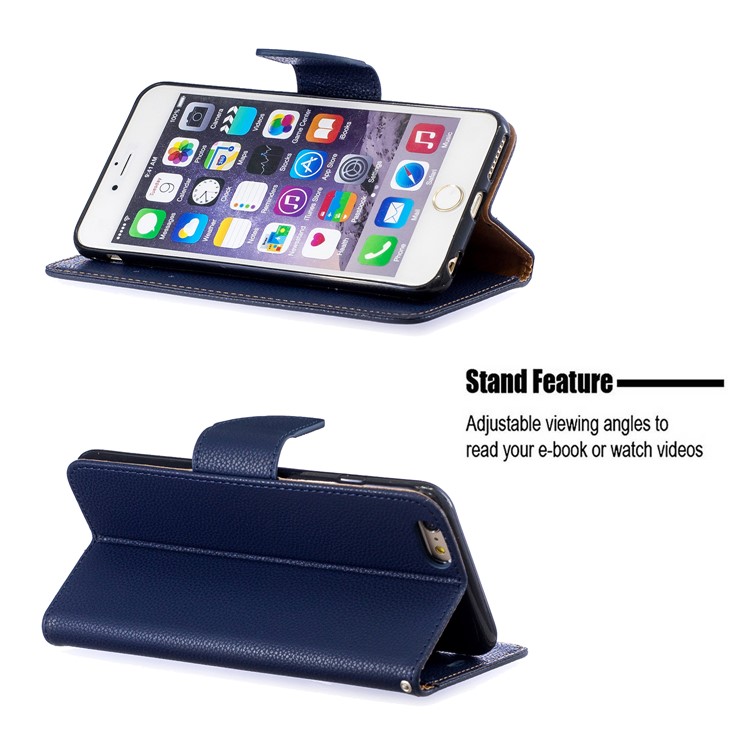 Litchi Texture Leather Wallet Stand Case for iPhone 6 Plus - Dark Blue-5