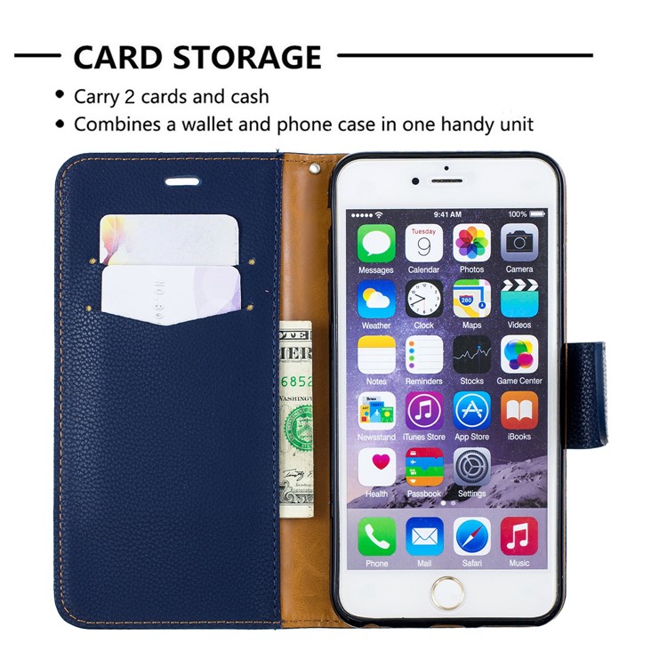 Litchi Texture Leather Wallet Stand Case for iPhone 6 Plus - Dark Blue-6