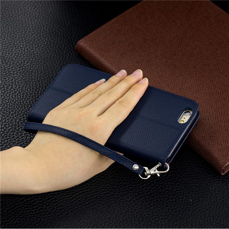 Litchi Texture Leather Wallet Stand Case for iPhone 6 Plus - Dark Blue-9