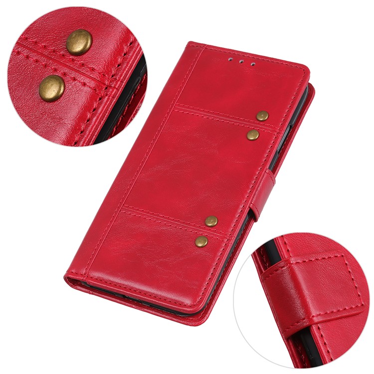 Rivet Decorated Cowide Texture PU Leather Stand Wallet Case for iPhone (2019) 6.1-inch - Red-7