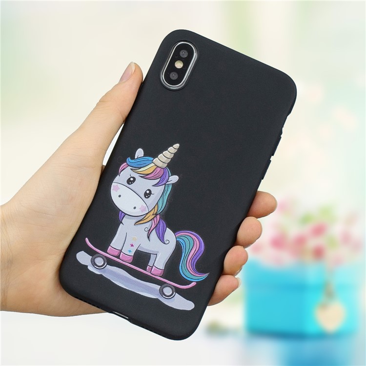 

For iPhone X/XS Embossing Pattern Matte TPU Phone Cover Case - Black/Unicorn, iPhone X