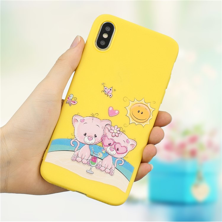 

For iPhone X/XS Embossing Pattern Matte TPU Phone Cover Case - Yellow/Couple Bears, iPhone X