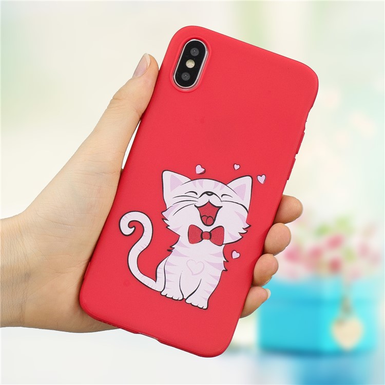 

For iPhone X/XS Embossing Pattern Matte TPU Phone Cover Case - Red/Cat, iPhone X