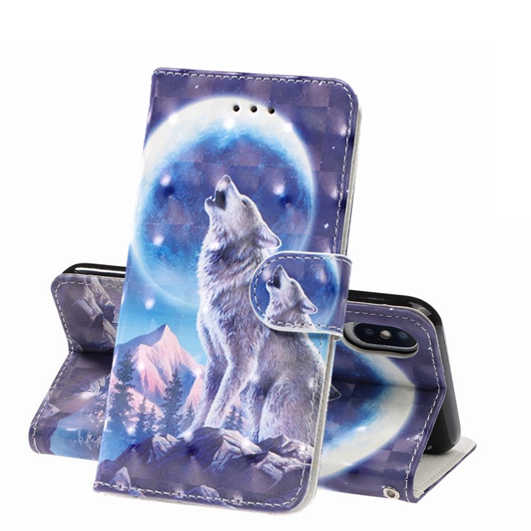 Patterned Leather Wallet Phone Case for iPhone X / XS - Wolf and Moonlight-1