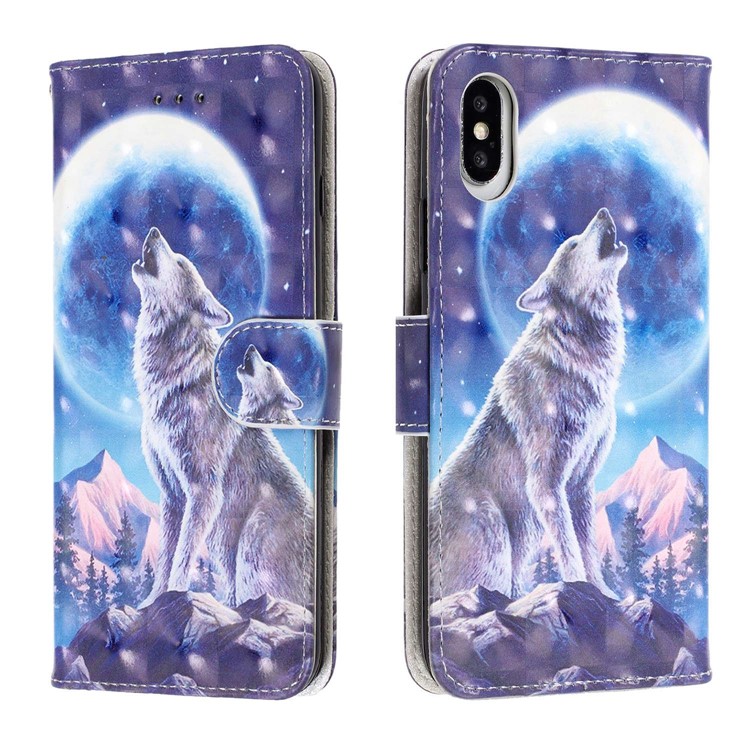 Patterned Leather Wallet Phone Case for iPhone X / XS - Wolf and Moonlight-2