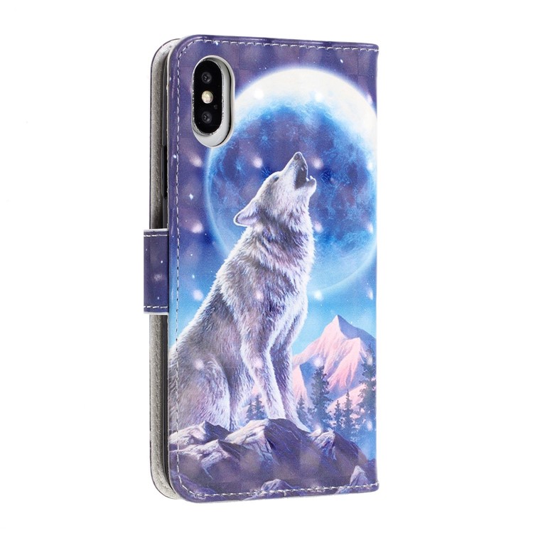 Patterned Leather Wallet Phone Case for iPhone X / XS - Wolf and Moonlight-4