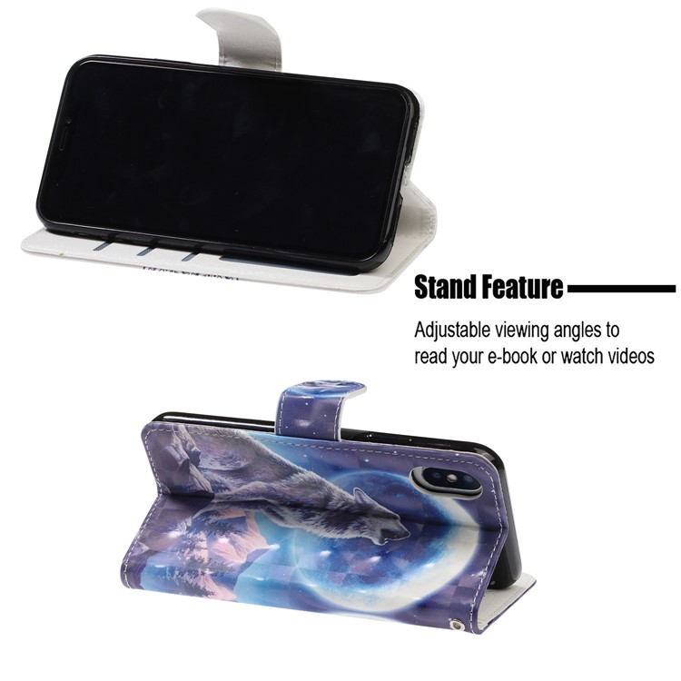 Patterned Leather Wallet Phone Case for iPhone X / XS - Wolf and Moonlight-7