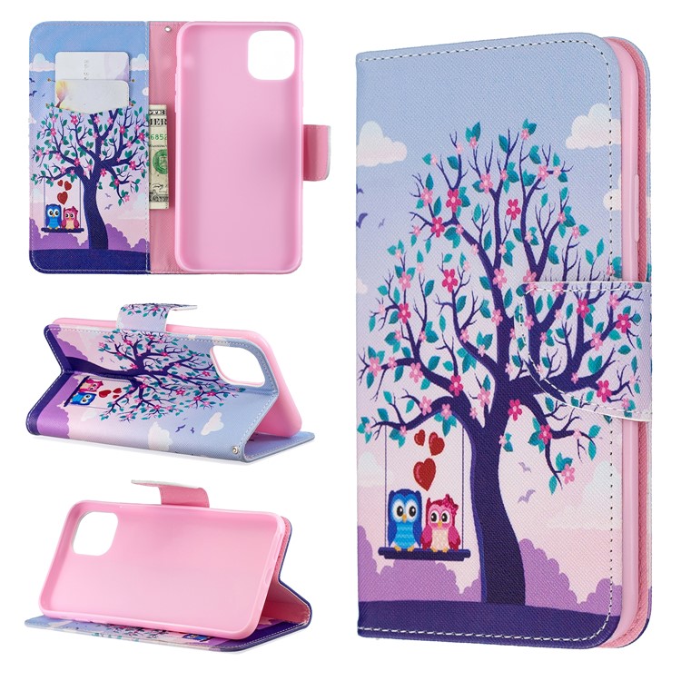 Cross Texture Pattern Printing Wallet Stand Leather Case for iPhone (2019) 6.5-inch - Couple Owls and Tree-1