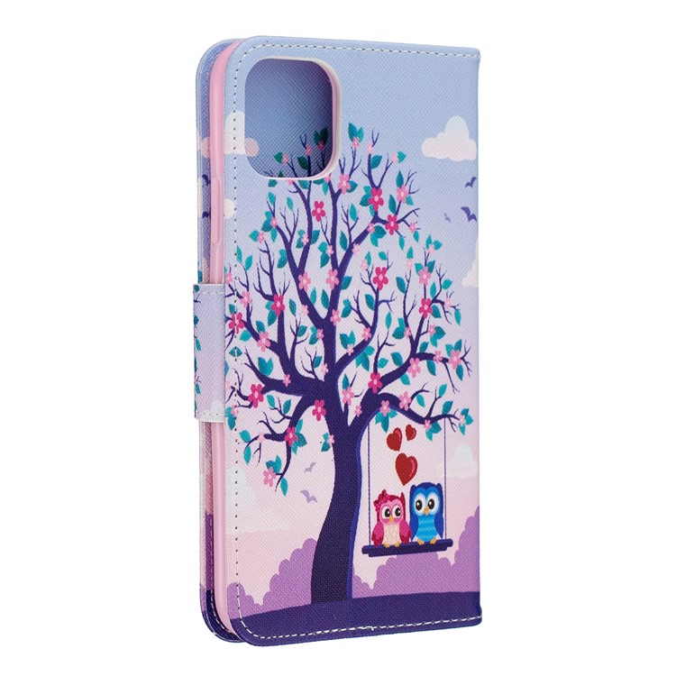 Cross Texture Pattern Printing Wallet Stand Leather Case for iPhone (2019) 6.5-inch - Couple Owls and Tree-3