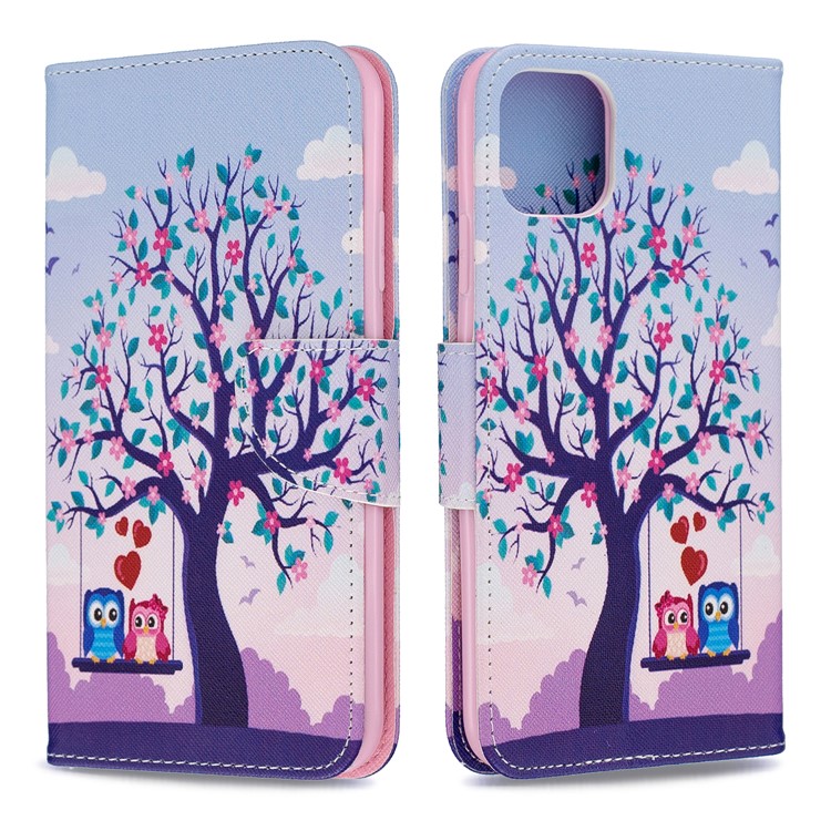 Cross Texture Pattern Printing Wallet Stand Leather Case for iPhone (2019) 6.5-inch - Couple Owls and Tree-4