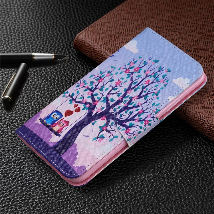 Cross Texture Pattern Printing Wallet Stand Leather Case for iPhone (2019) 6.5-inch - Couple Owls and Tree-7