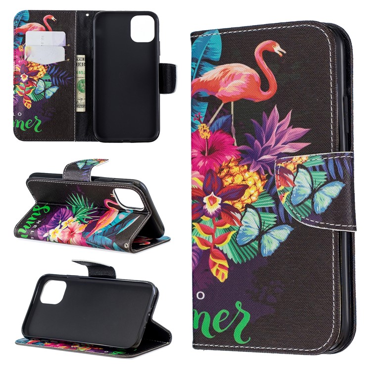 Cross Texture Pattern Printing Leather Wallet Stand Phone Case for iPhone (2019) 6.1-inch - Flamingos and Flowers-1