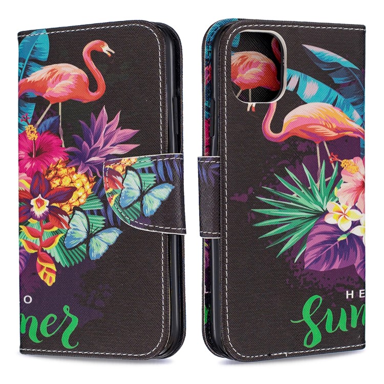 Cross Texture Pattern Printing Leather Wallet Stand Phone Case for iPhone (2019) 6.1-inch - Flamingos and Flowers-4