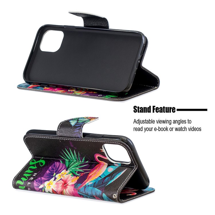 Cross Texture Pattern Printing Leather Wallet Stand Phone Case for iPhone (2019) 6.1-inch - Flamingos and Flowers-5