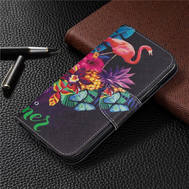 Cross Texture Pattern Printing Leather Wallet Stand Phone Case for iPhone (2019) 6.1-inch - Flamingos and Flowers-7