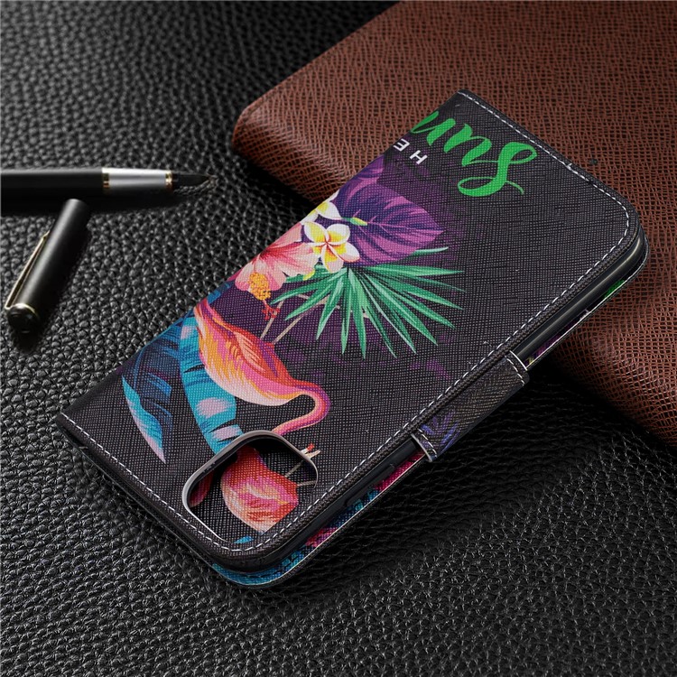 Cross Texture Pattern Printing Leather Wallet Stand Phone Case for iPhone (2019) 6.1-inch - Flamingos and Flowers-8
