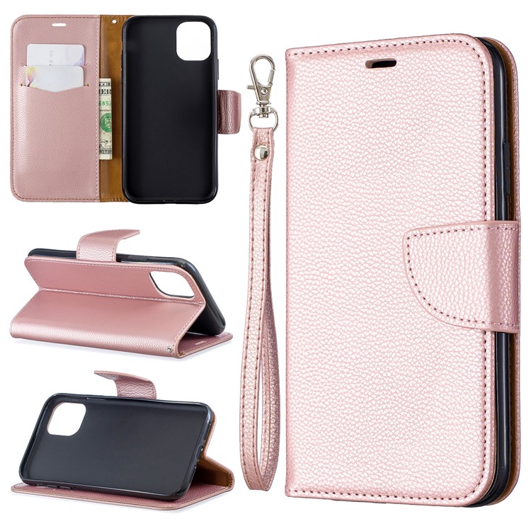 Portefeuille De Cuir De Texture Litchi Stand Cas De Téléphone Mobile Pour Iphone (2019) 6,1 Pouces - Or Rose-1
