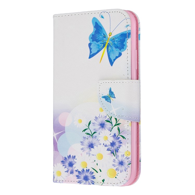 Printing Style Leather Wallet Phone Covering Case for iPhone (2019) 6.1-inch - Blue Butterfly and Flowers-2