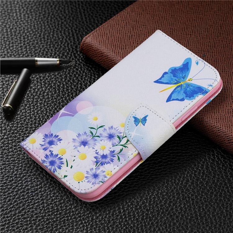 Printing Style Leather Wallet Phone Covering Case for iPhone (2019) 6.1-inch - Blue Butterfly and Flowers-7