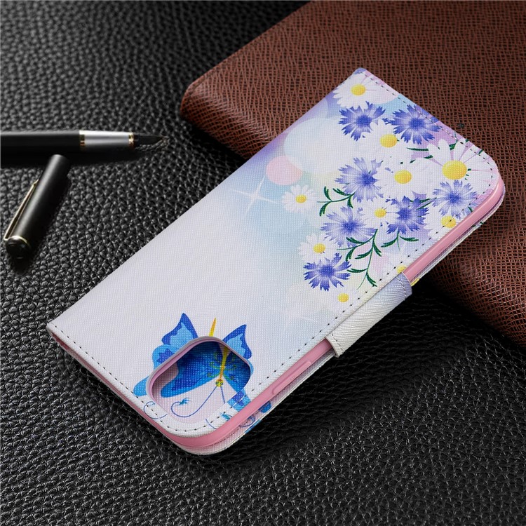 Printing Style Leather Wallet Phone Covering Case for iPhone (2019) 6.1-inch - Blue Butterfly and Flowers-8