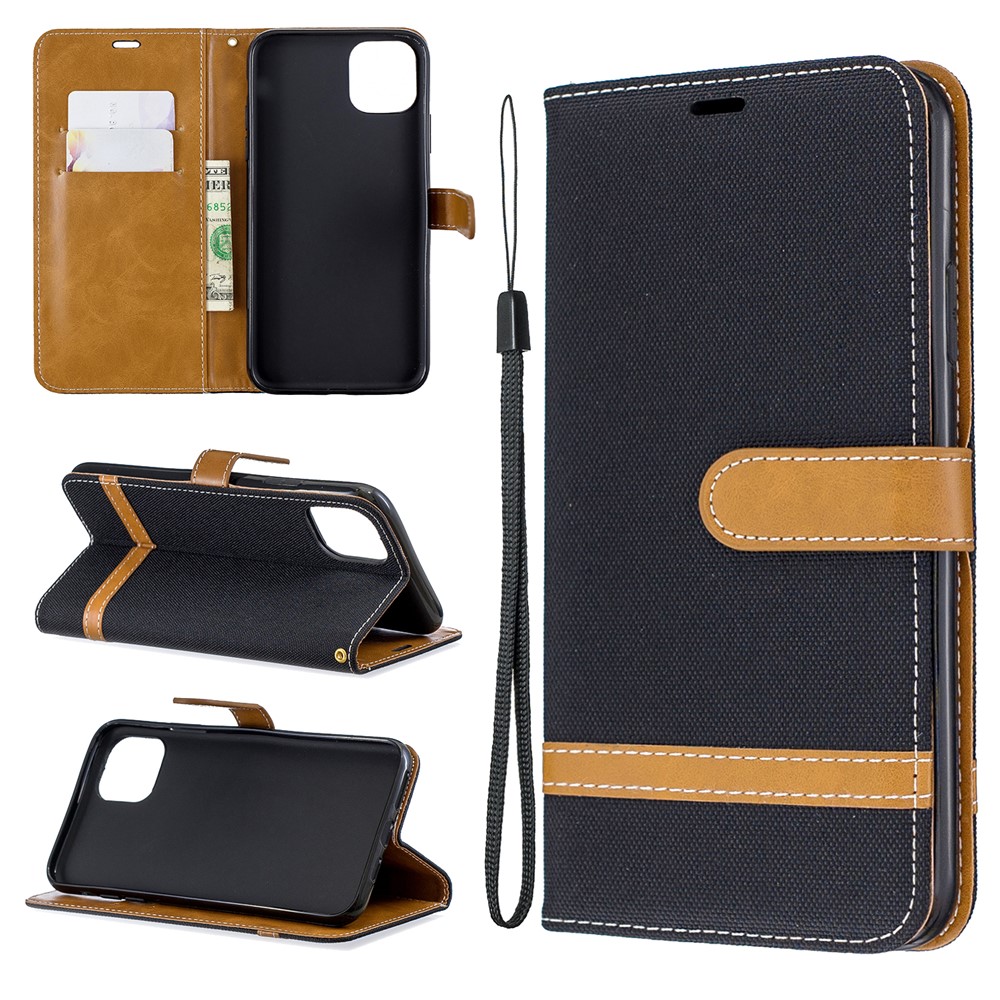 Jeans Cloth Wallet Stand Leather Cell Phone Shell for iPhone (2019) 6.5-inch - Black-1