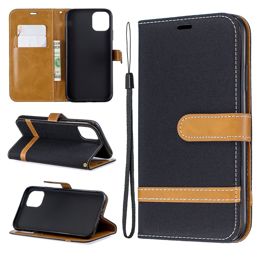 Jean Cloth PU Leather Phone Cover for iPhone (2019) 6.1-inch - Black-1