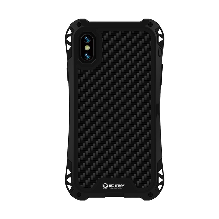R-JUST Carbon Fiber Texture Silicone + Metal 360° Whole-surround Protective Case with Tempered Glass Screen Protector for iPhone XS/S - All Black
