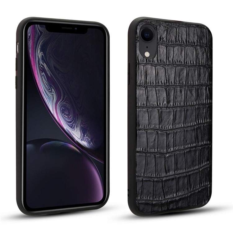 Crocodile Texture Genuine Leather Coated TPU Phone Case for iPhone XR - Black-1