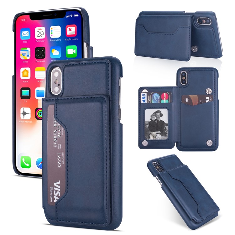 

PU Leather + PC Card Holder Kickstand Phone Casing for iPhone XS Max 6.5 inch - Blue, iPhone XS Max 6.5 inch