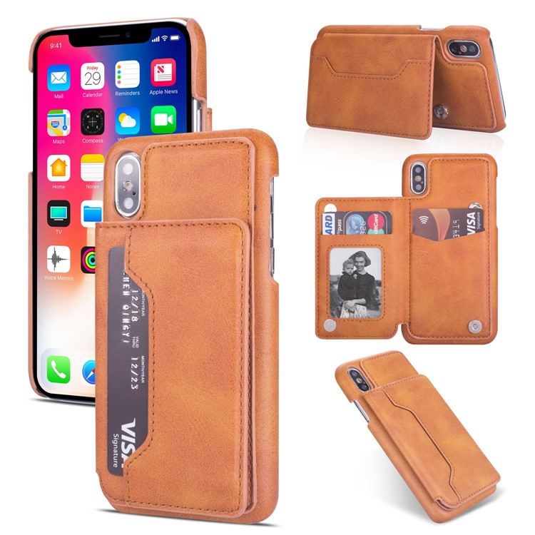 

Кожа PU + Держатель Карты PC Kickstand Корпус Телефона Для IPhone XS Макс 6,5 Дюйма - Коричневый, iPhone XS Max 6.5 inch