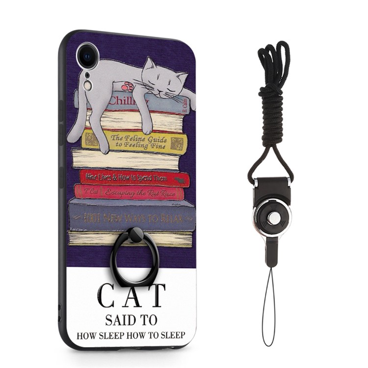 

Pattern Printing 360° Rotating Finger Ring Kickstand TPU+PC Hybrid Phone Casing with Strap for iPhone XR 6.1 inch - Sleeping Cat and Books, iPhone XR 6.1 inch