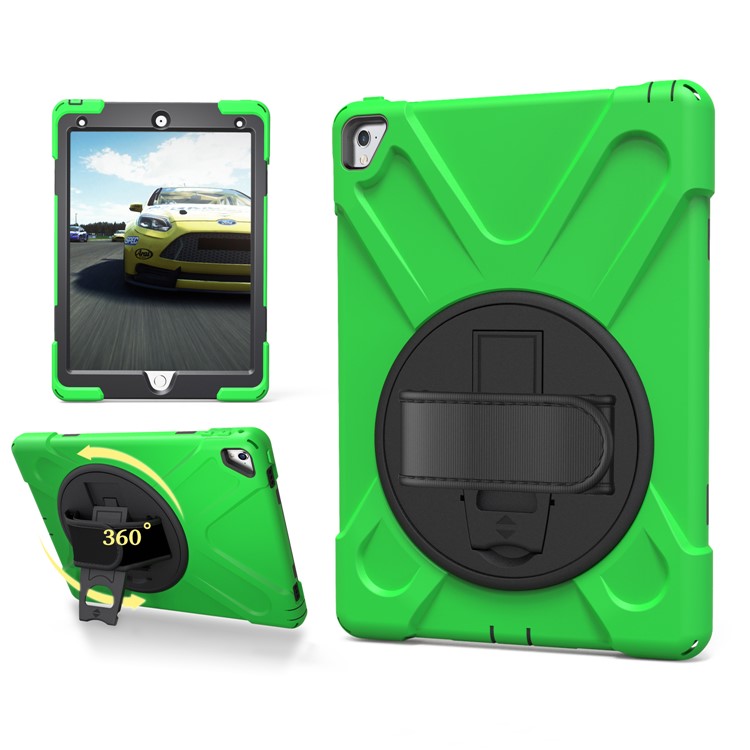 

For iPad Pro 9.7 inch (2016) X-Shape PC + TPU Tablet Case with 360 Degree Swivel Kickstand/Hand Strap - Green, iPad Pro 9.7 inch (2016)