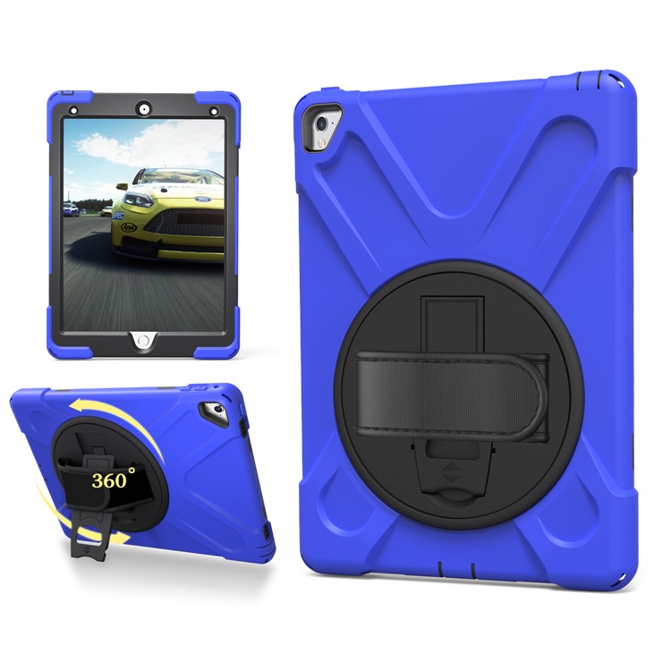 

For iPad Pro 9.7 inch (2016) X-Shape PC + TPU Tablet Case with 360 Degree Swivel Kickstand/Hand Strap - Dark Blue, iPad Pro 9.7 inch (2016)