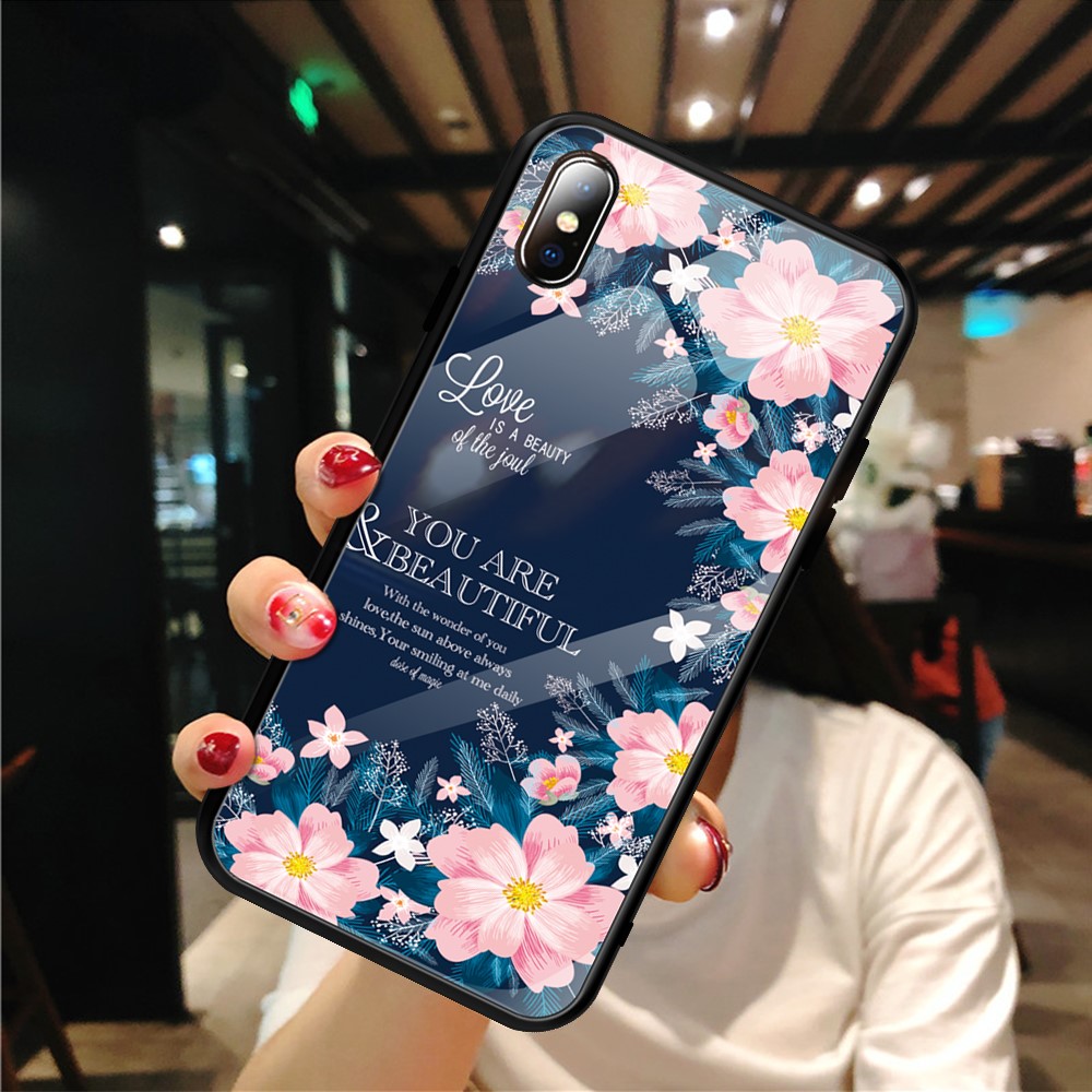 Pattern Printing Tempered Glass + TPU Hybrid Case for iPhone XS 5.8 inch - English Letters and Flowers