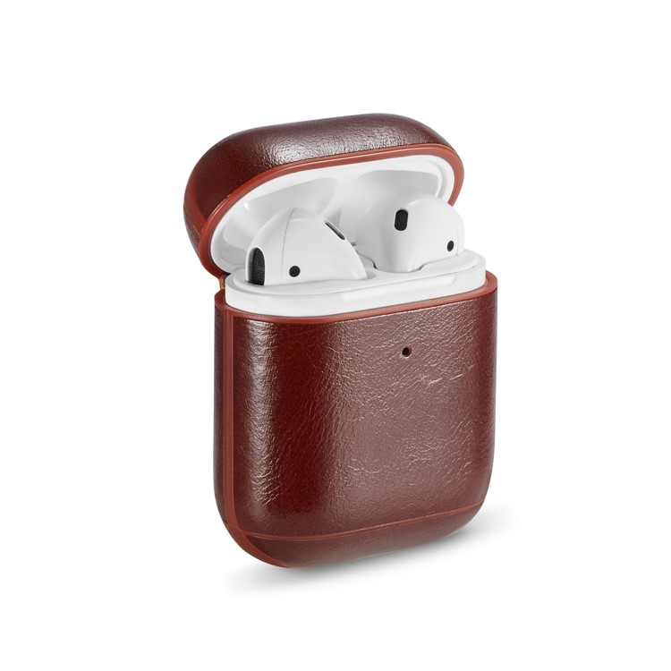 Crazy Horse Genuine Leather Wireless Earphones Case with Carabiner for Apple AirPods with Charging Case (2016) / Charging Case (2019) - Coffee-1