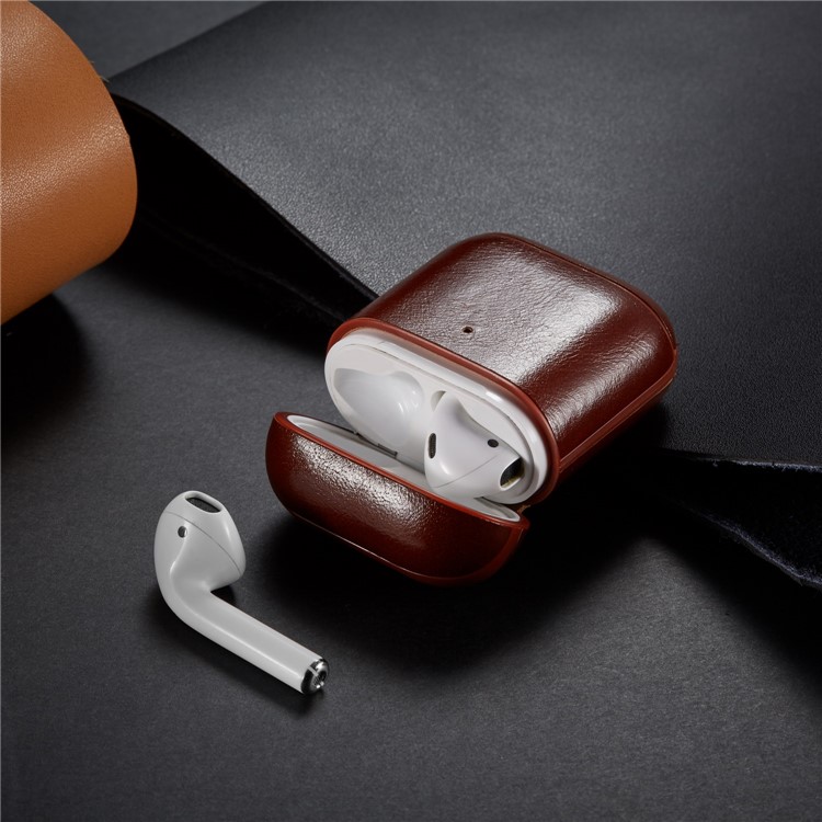 Crazy Horse Genuine Leather Wireless Earphones Case with Carabiner for Apple AirPods with Charging Case (2016) / Charging Case (2019) - Coffee-11