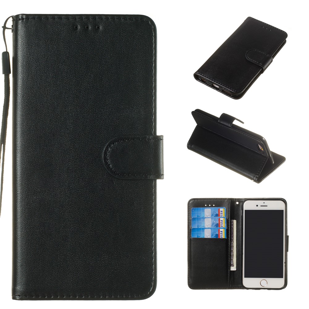 Pure Color Leather Wallet Stand Cell Phone Case Cover for iPhone 6 / 6s 4.7-inch - Black-1