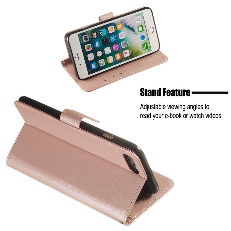 Carteira De Cor Sólida Suporte Flip Couro Estojo Protetor Com Alça Para Apple Iphone 8/7 Plus 5.5 Inch - Rosa-7