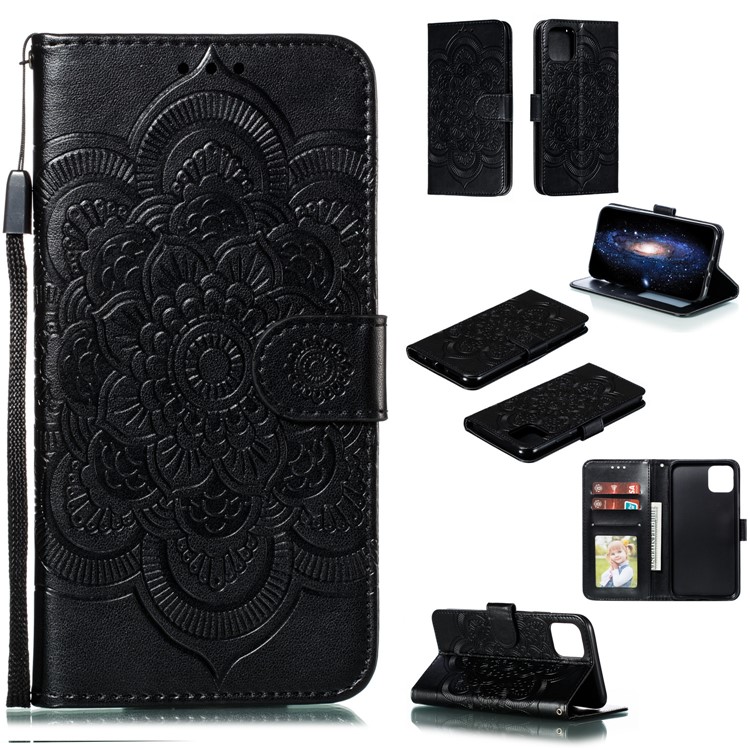 Imprinted Sun Mandala Flower Pattern Leather Wallet Shell for iPhone (2019) 6.5-inch - Black-1