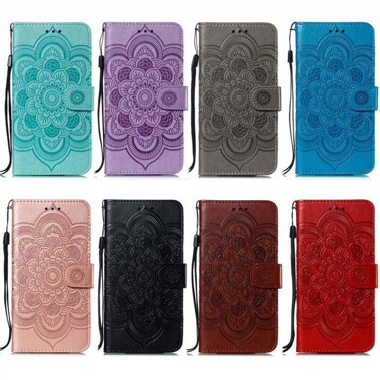 Imprinted Sun Mandala Flower Pattern Leather Wallet Shell for iPhone (2019) 6.5-inch - Black-12