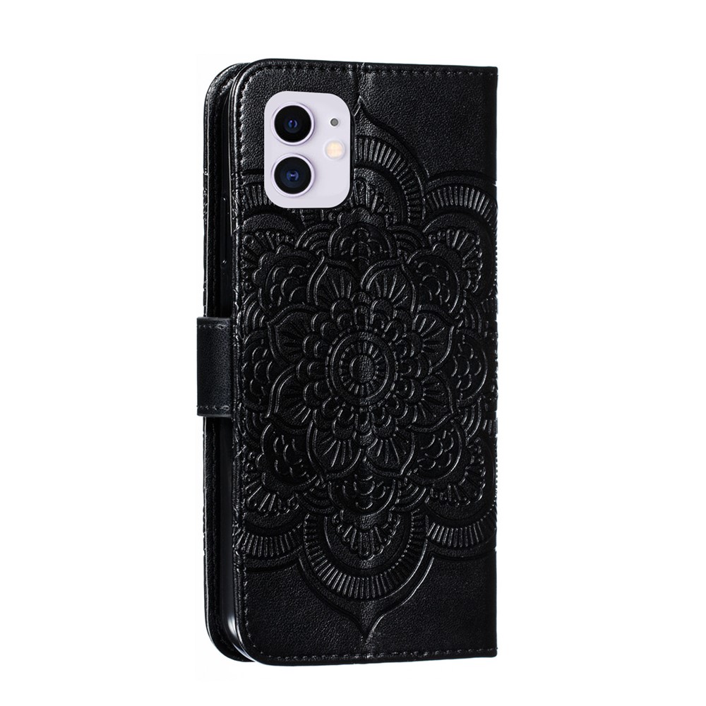 Imprinted Sun Mandala Flower Pattern Leather Wallet Casing for iPhone (2019) 6.1-inch - Black-3