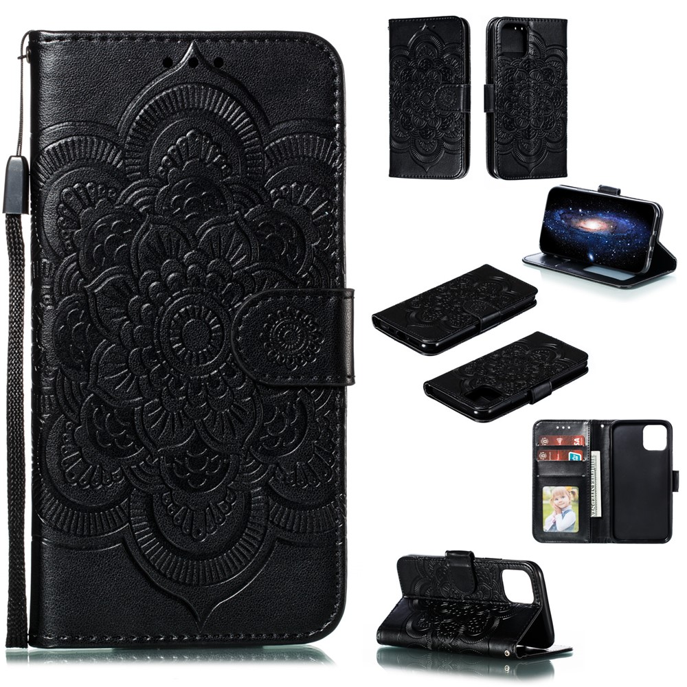 Impreso Sun Mandala Flower Pattern Cartera De Cuero Funda Telefónica Para IPhone 11 Pro 5.8 Pulgadas (2019) - Negro