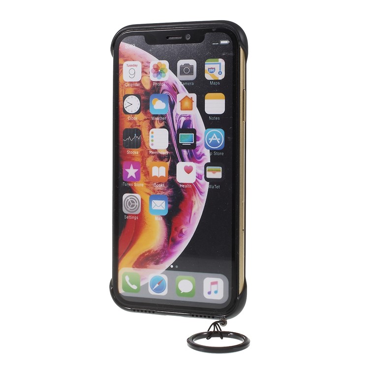 Side Frameless Matte Grain PC + TPU Hybrid Casing with Finger Ring Lanyard for iPhone XR 6.1 inch - Black-7