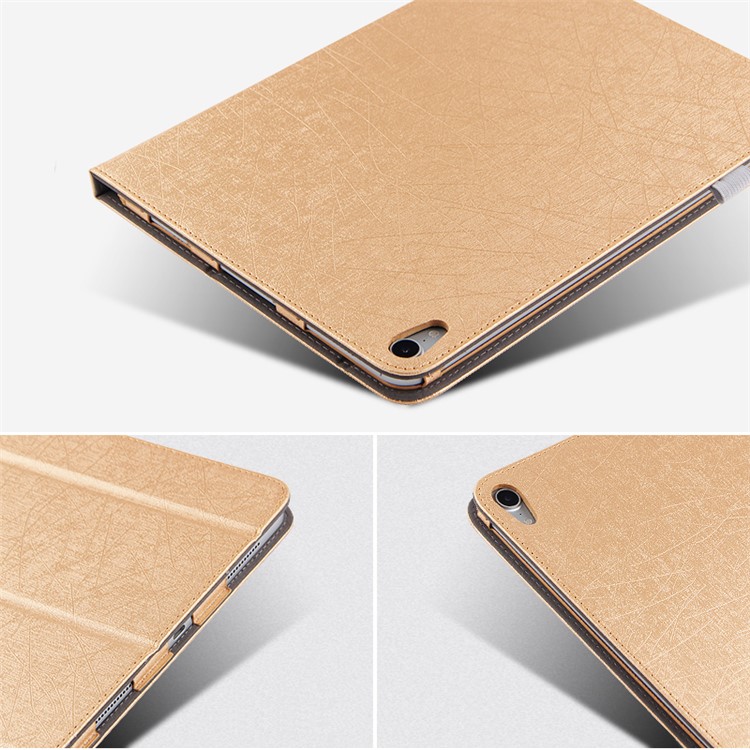For iPad Pro 11-inch (2018) Silk Texture Tri-fold Stand PU Leather Protection Tablet Case Shell - Gold-5
